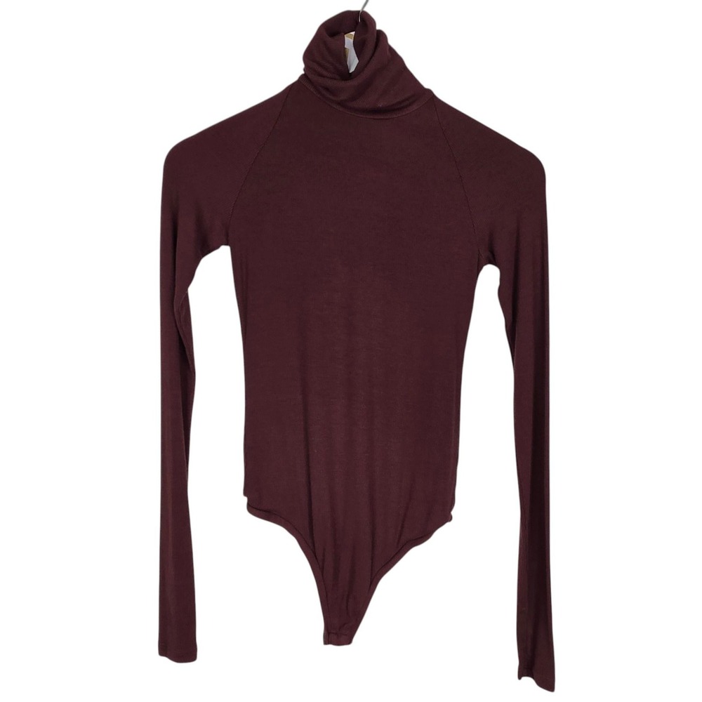 ALIX NYC Bodysuit Womens XS Maroon Long Sleeve Turtleneck Ribbed Knit Stretch
